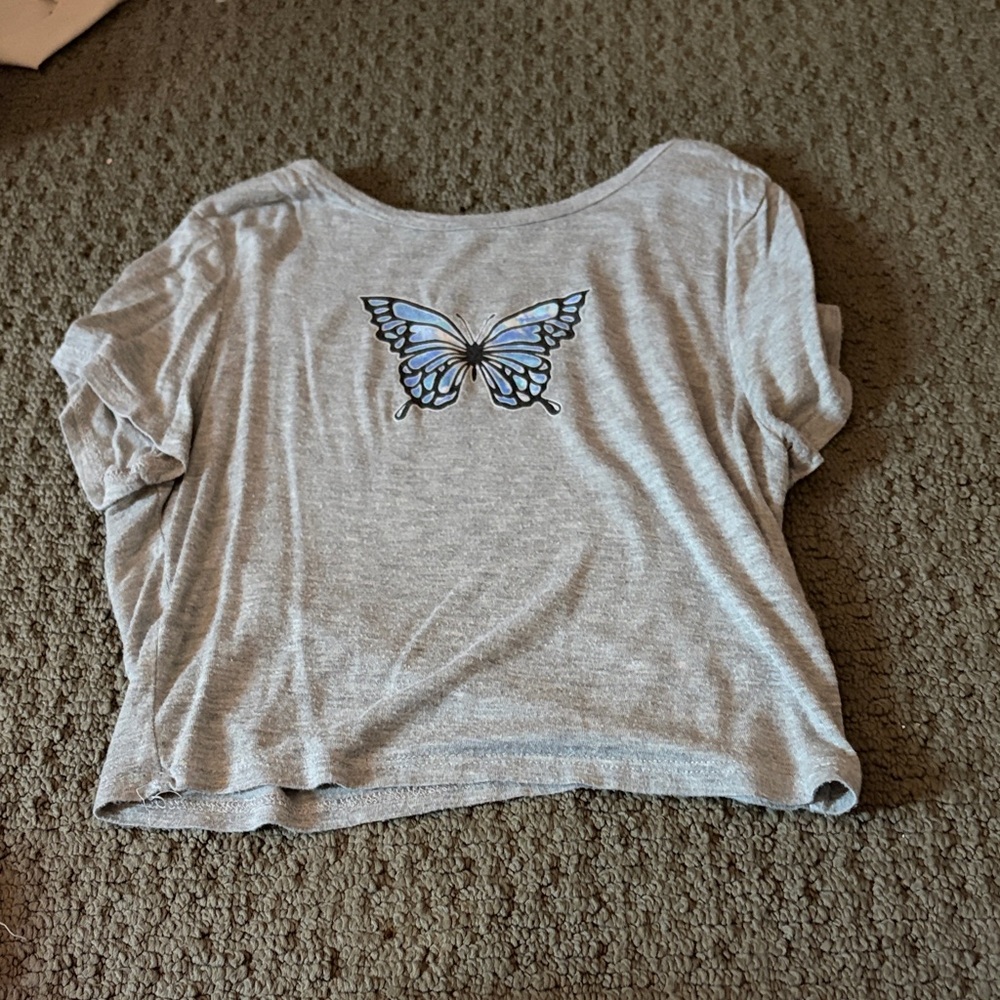 Gray T-Shirt with Blue Butterfly Design